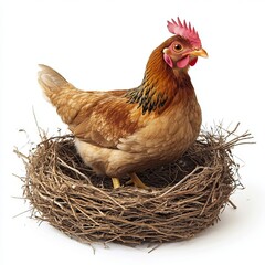 Chicken in Nest with Brown Feathers, Close-up Shot