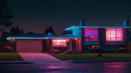 Neon-lit cyberpunk version of a classic 80s suburban home, featuring retro-futuristic tech and holographic advertisements