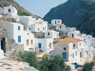 A Picturesque Village: A charming village nestled among hills under a bright sky, capturing a moment of serene beauty.