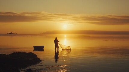 Fototapeta premium Golden serenity: fisherman casting net at sunrise in tranquil waters, cinematic