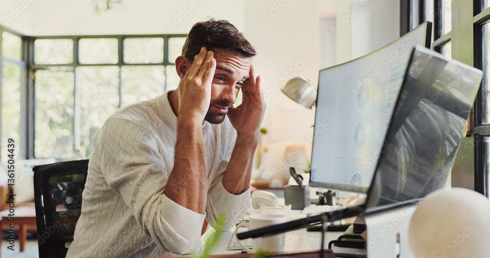 Poster business, computer screen and man with headache in home office for database management and brain fog