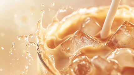 Iced coffee splash, straw, ice cubes, sunlight, beverage advertisement