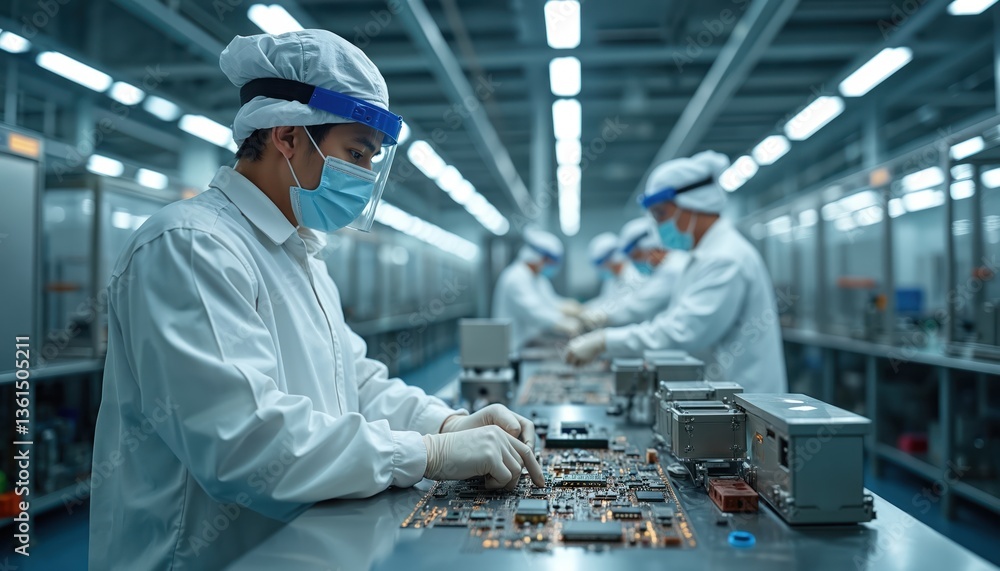 Poster engineers in protective suits assemble semiconductor components in tech factory. professionals work 