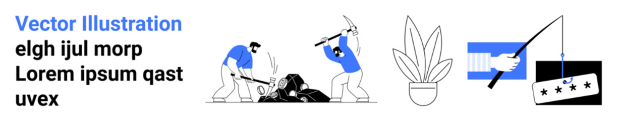 Two workers breaking rocks using pickaxes, a potted plant emphasizing growth, a hand holding a card with rating stars for feedback or evaluation, and a fishing rod catching a card. Ideal