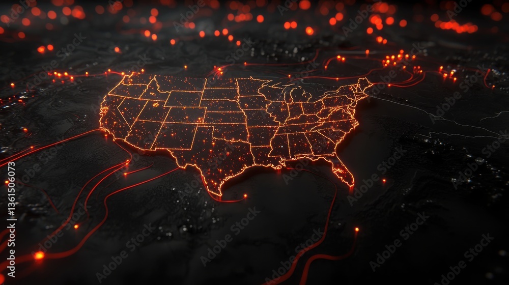 Poster map of the united states illustrated with a quantum computing theme for a modern and innovative appr