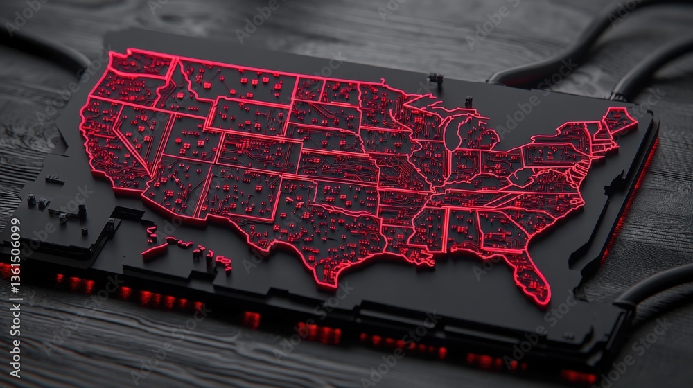 Poster computer keyboard integrated with a map of the united states featuring a quantum computing theme for