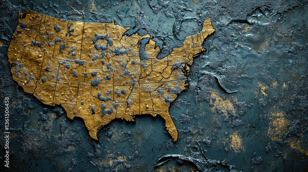 Poster detailed map of the united states with rain effect texture for artistic and informative presentation
