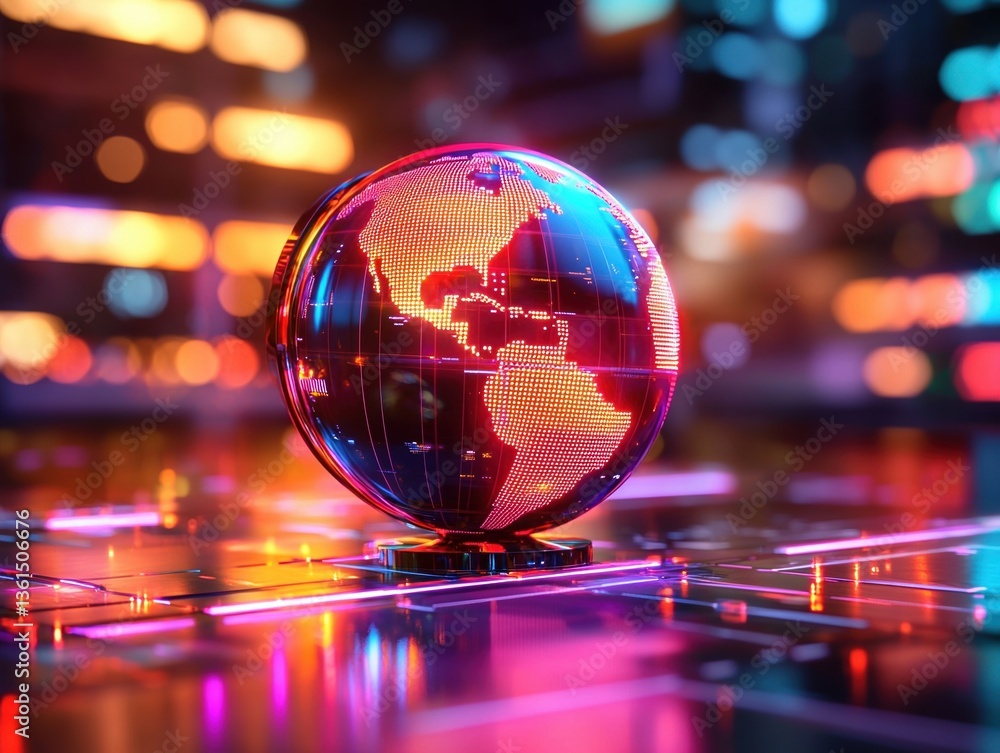 Poster global connection: a luminous globe, encircled by circuits, symbolizes global networks and modern co