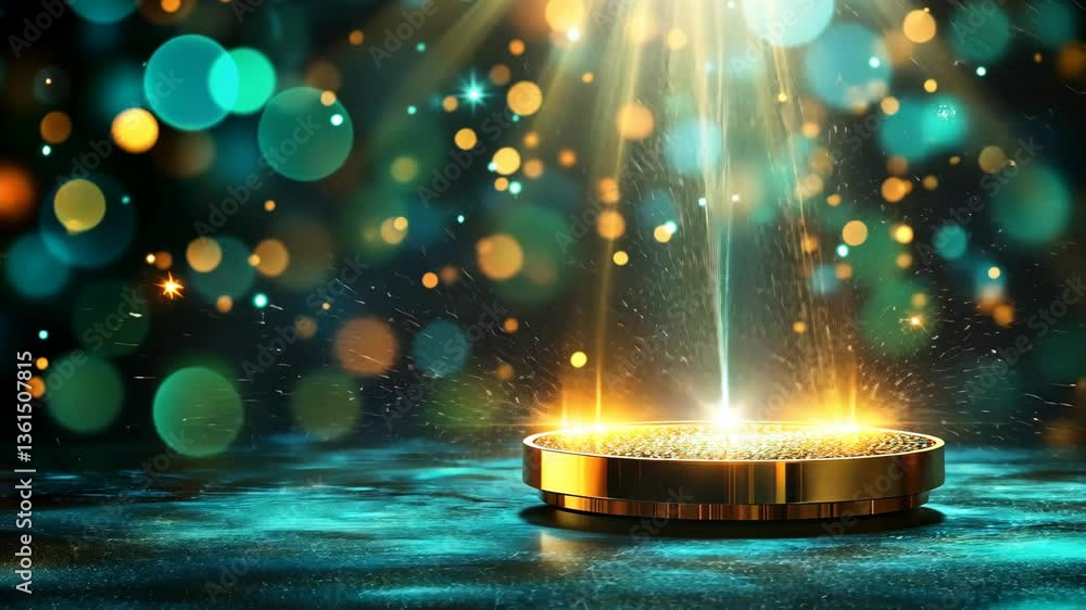 Poster light beams and sparkling effects showcase glowing golden circular object on vibrant abstract backgr