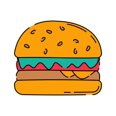 Burger Doodle style, a classic cheeseburger with lettuce, cheese, and a bun, symbolizing fast food, great for restaurant promotions, food delivery apps, and advertisements.