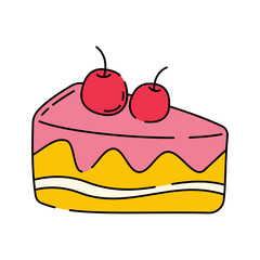 Cherry Cake Doodle style, a slice of layered cake topped with cherries, representing dessert, suitable for bakery branding, menu illustrations, and sweet-themed designs.