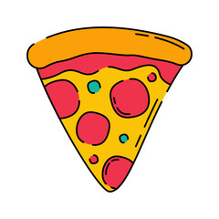 Pizza Doodle style, a slice of pizza with cheese and pepperoni, symbolizing Italian cuisine, ideal for food delivery, menu design, and restaurant branding.