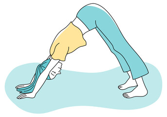 ヨガのダウンドッグのポーズをする女性のシンプルな線画のベクターイラストレーション