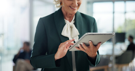 Fototapeta premium Hands, happy and tablet with business woman in office for administration, online planning or research. Report, review and smile with mature employee in professional workplace for email feedback