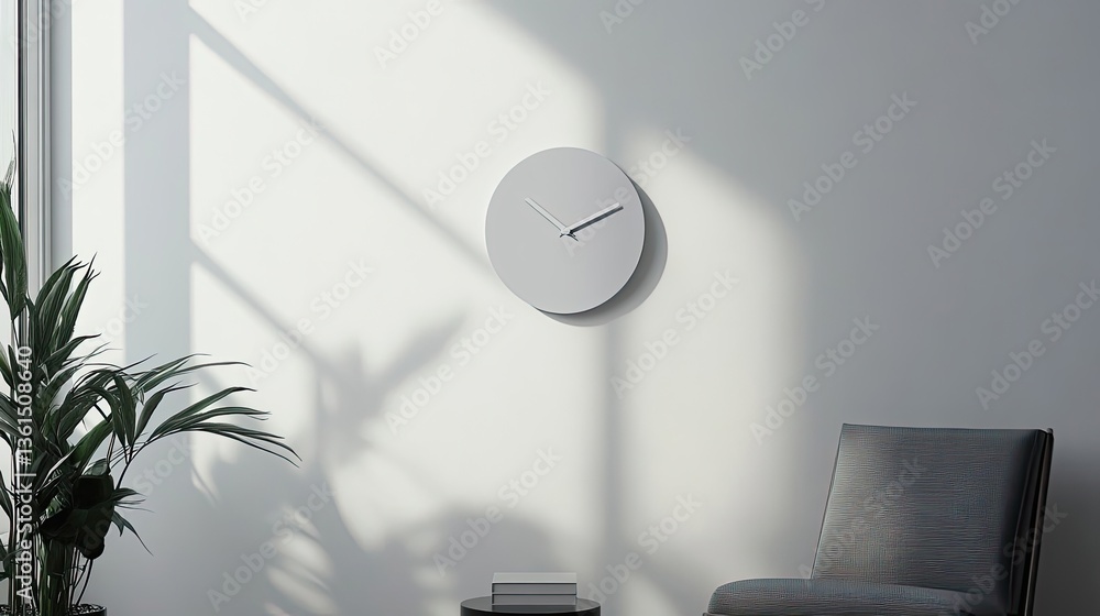 Poster a simple clock hanging on a white wall in a room setting