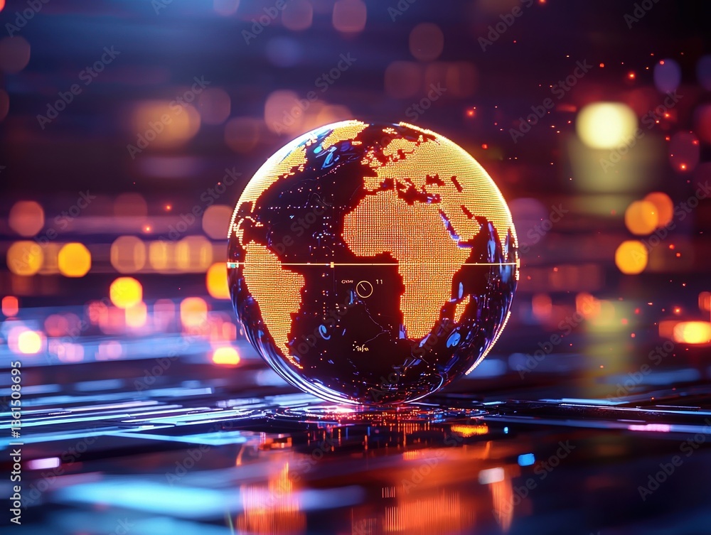 Poster global connection: illuminated sphere showcasing earth's continents, interwoven with circuits in a t