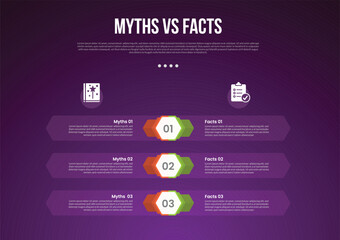 myths vs facts infographic for comparison data with hexagon shape and transparent container as background with modern dark gradient style background with 2 point information