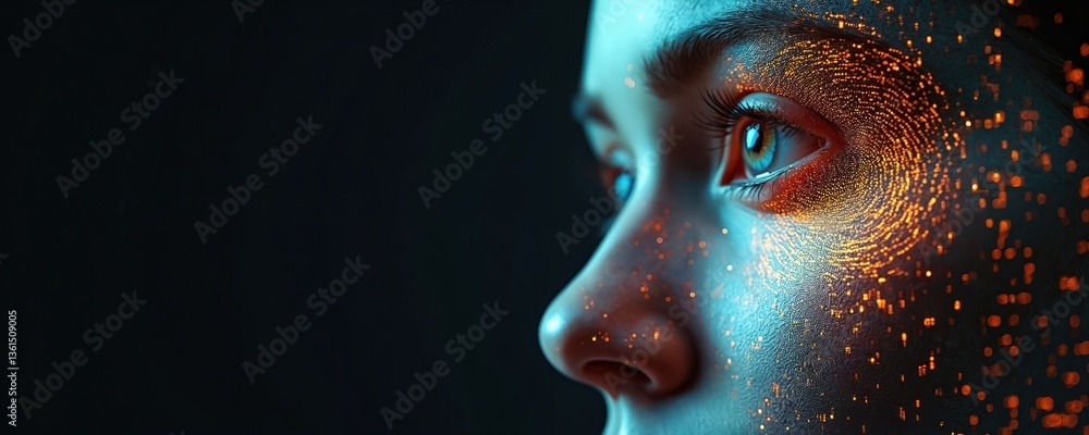 Aufkleber digital human face with fingerprint pattern represents identity theft biometrics in cyber security. 
