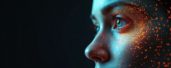 Digital human face with fingerprint pattern represents identity theft biometrics in cyber security. Personal data protection online, privacy. AI-generated illustration. Fingerprint identification