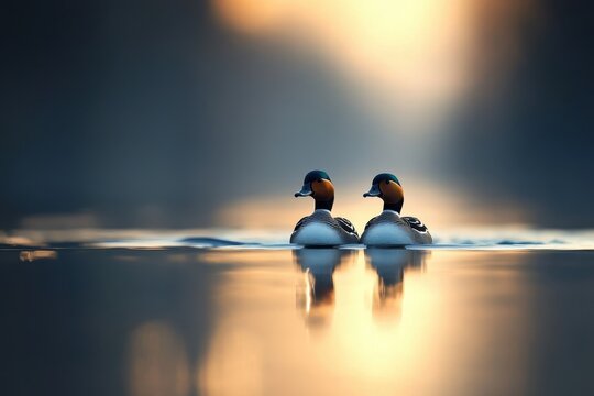 Beautiful Red-Crested Pochards swim gracefully on a tranquil lake during sunset, Red-Crested Pochard Netta Rufina Beautiful Duck, Close up Two birds swimming and diving on the lake