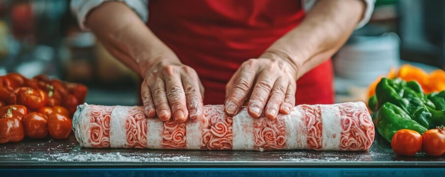 Preparing delicious meat roll with fresh ingredients kitchen cooking tutorial indoor close-up view culinary art