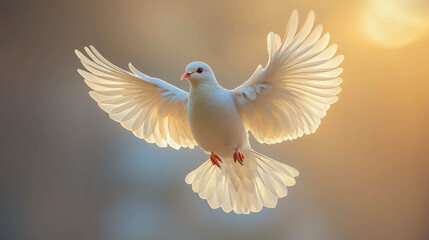 Obraz premium A white pigeon in flight, with wings spread wide.