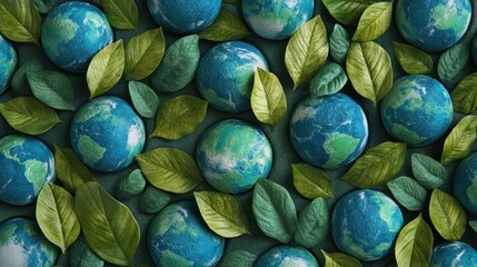 Small globes of Earth surrounded by fresh green leaves on a teal background.