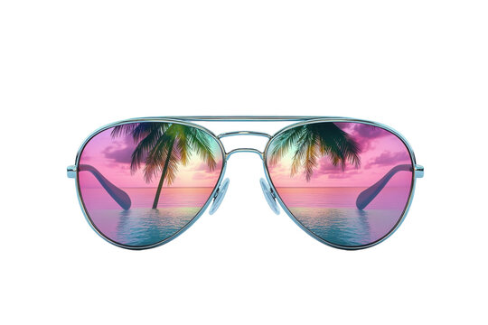 Escape To Paradise With These Stylish Aviator Sunglasses Reflecting A Vibrant Pink Sunset Over A Tranquil Ocean And A Lone Palm Tree, Showcasing A Lightweight, Modern Design Isolated on Transparent Ba