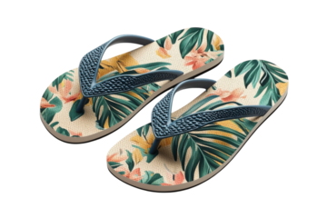 Escape To Paradise With These Vibrant Tropical Flip-flops, Featuring A Lush Beige And Teal Design Of Exotic Flowers And Leaves On A Creamy Base Isolated on Transparent Background