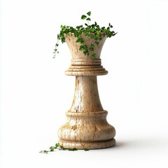 Fototapeta premium Chess queen piece transformed into a planter with vibrant green ivy cascading down its form.