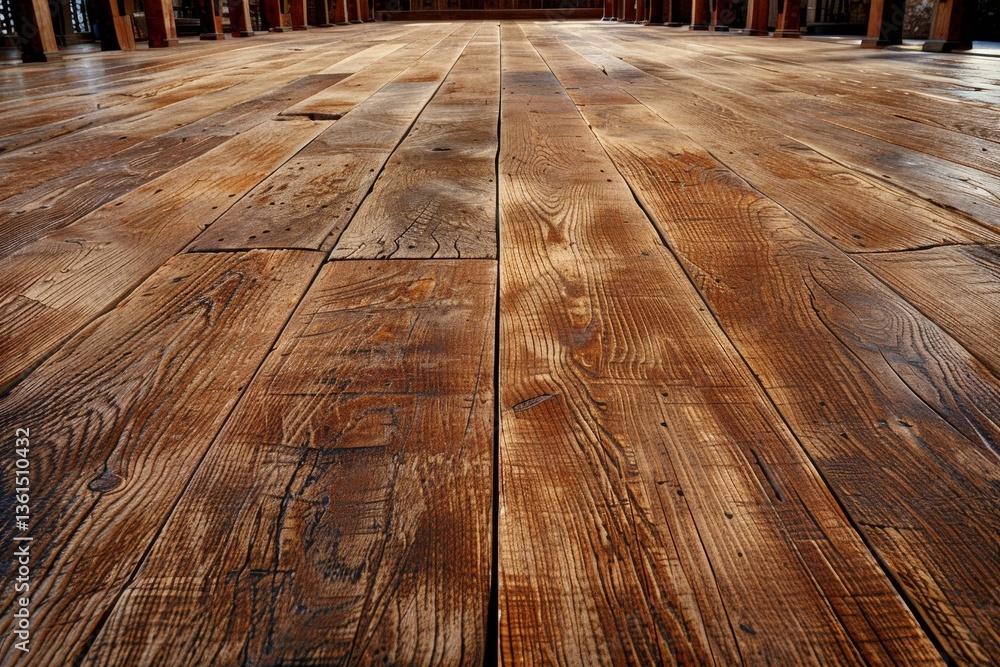 Poster a close-up view of a rustic wooden floor, showcasing its rich texture and natural grain patterns, cr