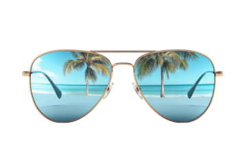 Golden Aviator Sunglasses Reflecting A Serene Tropical Beach Scene With Palm Trees And Turquoise Water, Evoking Feelings Of Summer Escape And Relaxation Isolated on Transparent Background
