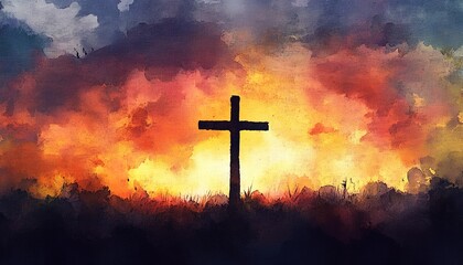Easter Morning: The Cross silhouetted against the dawn sky, representing the sacrifice. Digital watercolor painting.