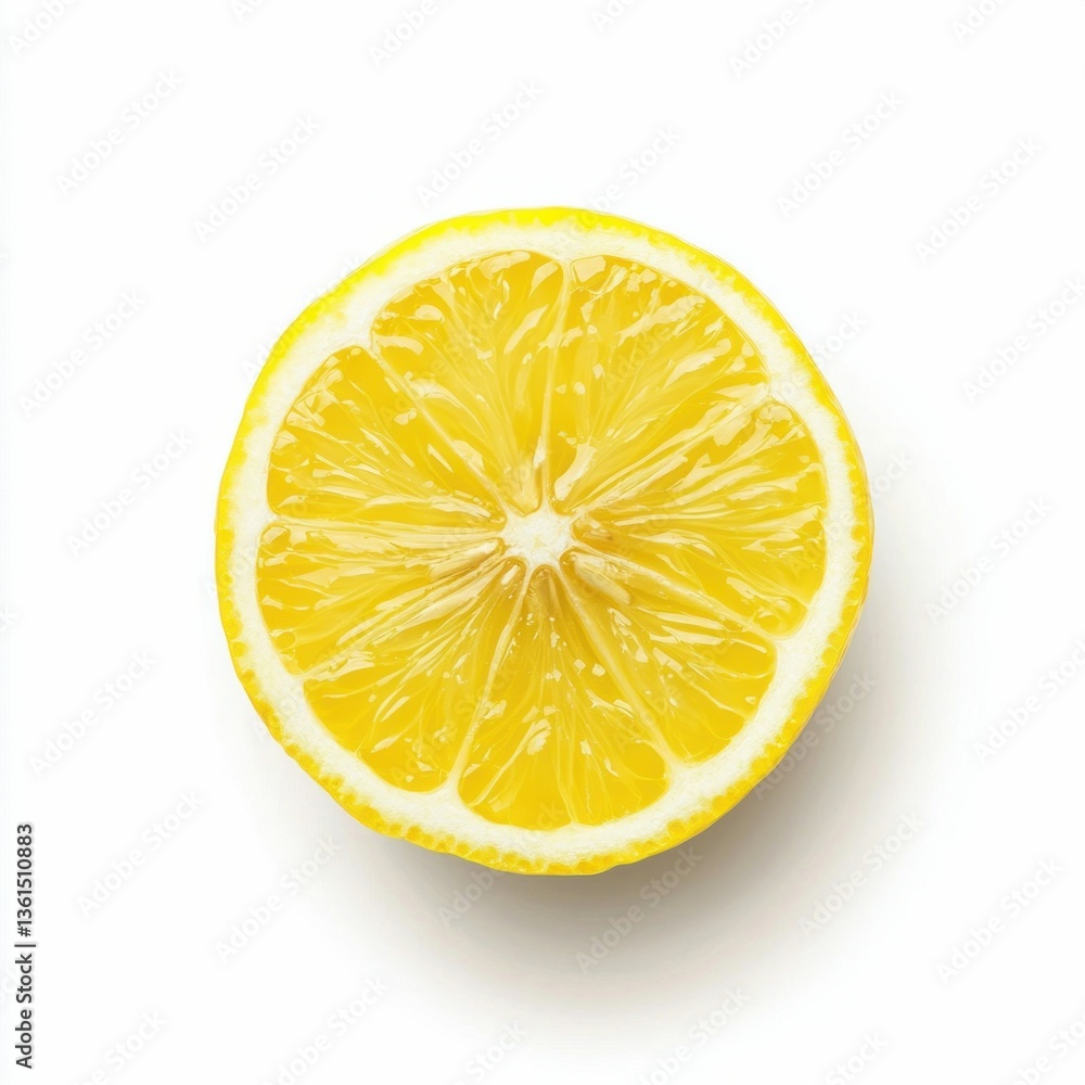 Poster Close up of a vibrant yellow lemon slice displaying juicy segments and refreshing citrus texture.