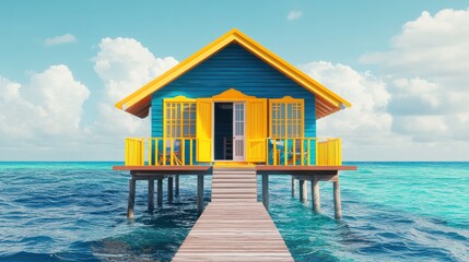 Vibrant beach house on stilts over clear turquoise water with sunny skies