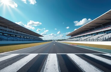 Fototapeta premium Empty race track with zebra crossing, grandstands. Clear sky. Motorsport concept for speed, motion, competition. Start line, racing track, racing event, champion success.