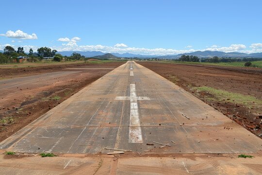 A wide, empty airstrip stretches towards the horizon, framed by clear skies and distant mountains, showcasing a desolate yet serene landscape.