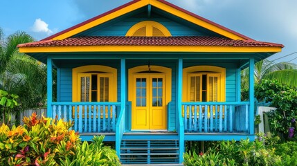 Vibrant coastal house with colorful facade surrounded by lush greenery