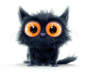 Fototapeta premium Adorable Black Furry Creature with Big Orange Eyes, 3D Render