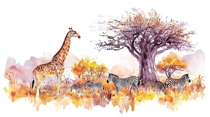 A watercolor painting depicting giraffes and zebras in their habitat