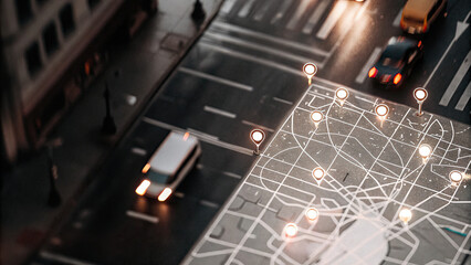 Aerial view of glowing digital map with highlighted routes and locations, symbolizing targeted advertising and location-based services, surrounded by city lights and traffic.