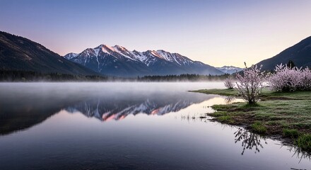 Serene Lake with Snowy Mountains and Spring Blossoms at Dawn