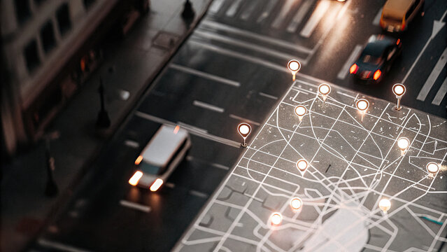Aerial view of glowing digital map with highlighted routes and locations, symbolizing targeted advertising and location-based services, surrounded by city lights and traffic.