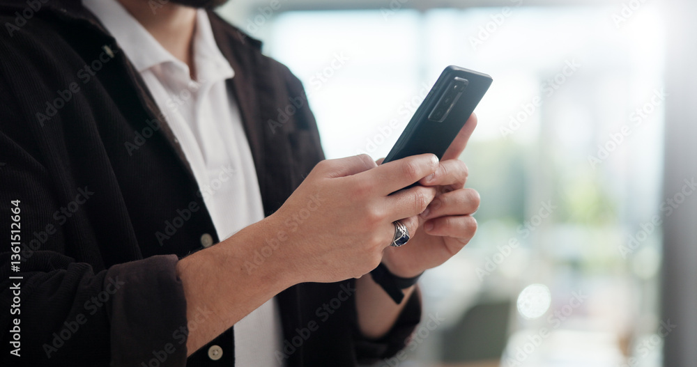 Fototapete Hands, office and business man with phone for networking, typing text or social media marketer online. Mobile, startup and creative worker check email, campaign or brand promotion on platform closeup
