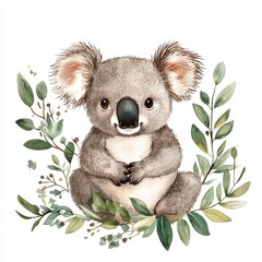 Cute Koala Sitting Surrounded by Leaves, Watercolor Illustration