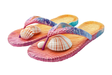 Sun-kissed Summer Flip-flops Adorned With Delicate Seashells, Evoking A Carefree Beach Day, Vibrant Pastel Colors And Textured Design Isolated on Transparent Background