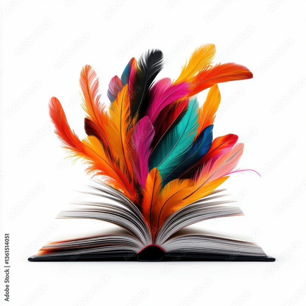 Poster a vibrant array of colorful feathers bursts from an open book, a symbol of imagination and storytell