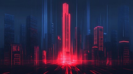 Obraz premium A futuristic cityscape at night, with towering skyscrapers and neon lights reflecting on wet streets