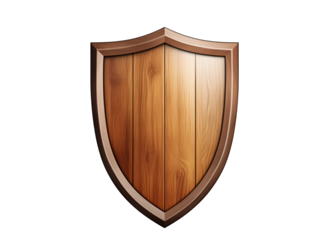 3D wooden shield icon, isolated on transparent background