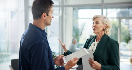 Client, meeting and tablet with business people in office for negotiation, feedback and planning. Advisor, consulting and proposal with employee in agency for contract policy, review and project